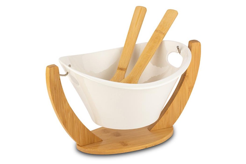 Σαλατιέρα πορσελάνινη με ξύλινη βάση "Terrestrial" 26cm