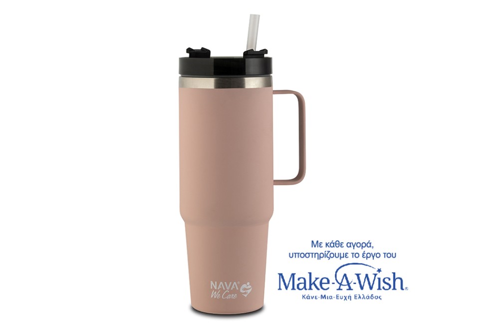 Θερμός ποτήρι ανοξείδωτο με πλαστικό καλαμάκι "We Care" ροζ 900ml