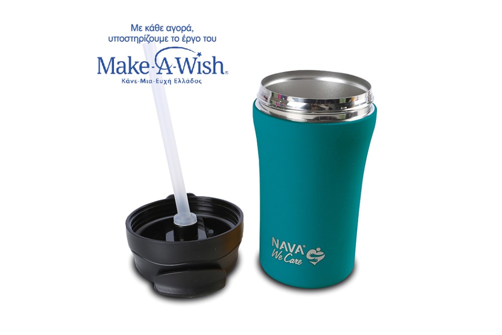 Θερμός ποτήρι με καλαμάκι για κρύο και στόμιο για ζεστό καφέ "We Care" πετρόλ 450ml