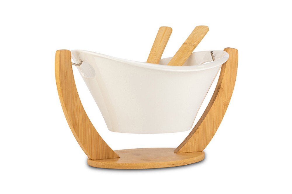 Σαλατιέρα πορσελάνινη με ξύλινη βάση "Terrestrial" 26cm