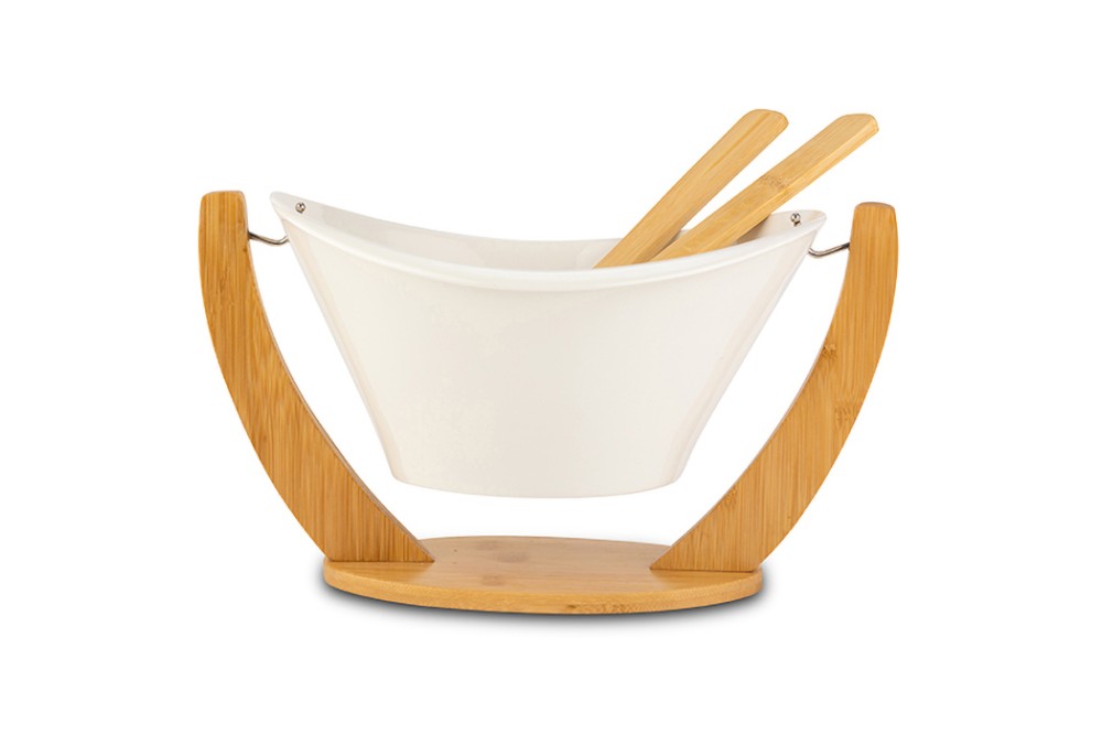 Σαλατιέρα πορσελάνινη με ξύλινη βάση "Terrestrial" 26cm