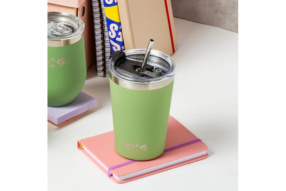 Θερμός ποτήρι με ανοξείδωτο καλαμάκι "We Care" πράσινο 450ml