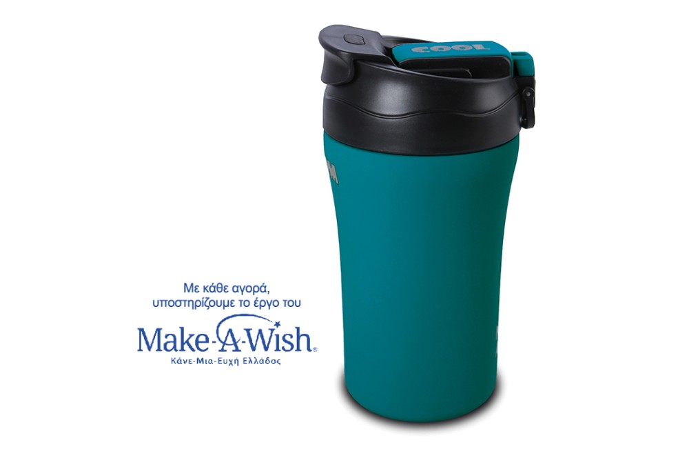 Θερμός ποτήρι με καλαμάκι για κρύο και στόμιο για ζεστό καφέ "We Care" πετρόλ 450ml