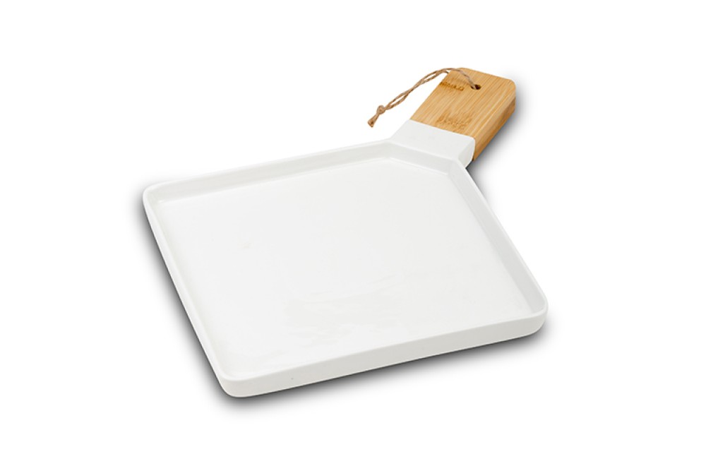 Πιατέλα "Terrestrial" πορσελάνινη με χερούλι από ξύλο bamboo 45cm