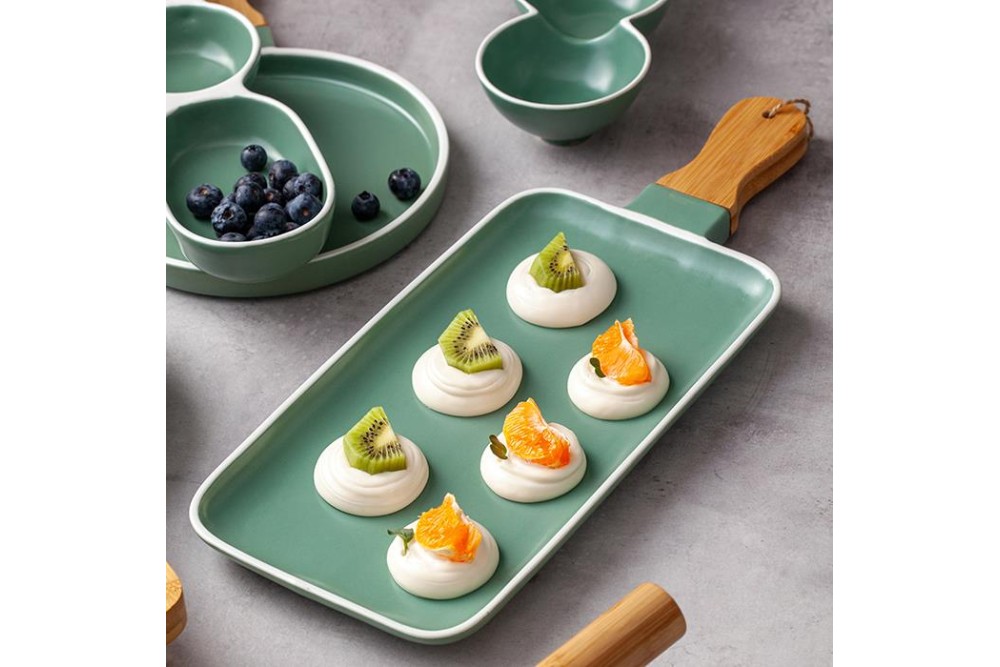 Πιατέλα "Terrestrial" πορσελάνινη με χερούλι από ξύλο bamboo 47cm