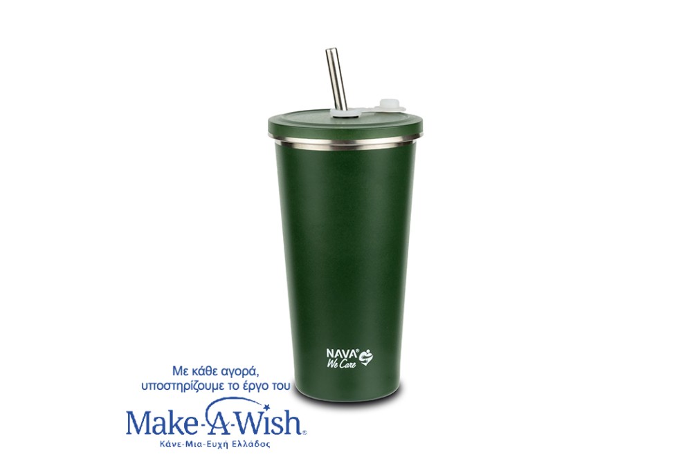 Θερμός ποτήρι με ανοξείδωτο καλαμάκι "We Care" πράσινο 520ml