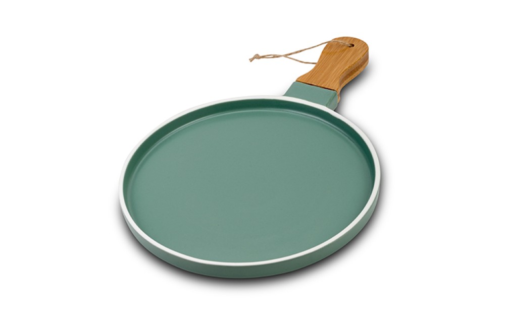 Πιατέλα "Terrestrial" πορσελάνινη με χερούλι από ξύλο bamboo 35cm