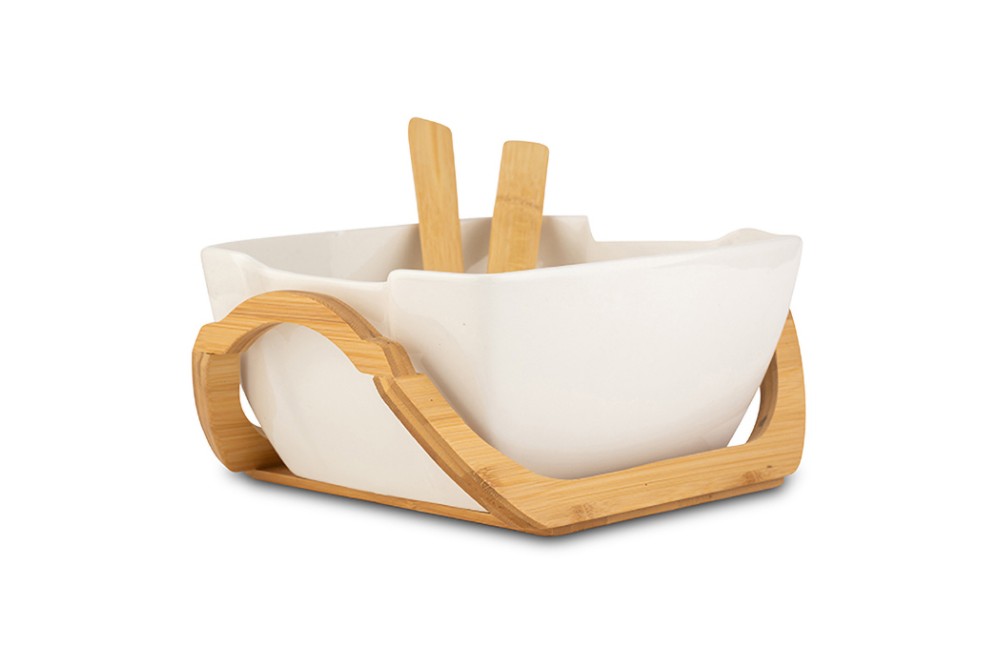 Σαλατιέρα πορσελάνινη με ξύλινη βάση "Terrestrial" 23cm