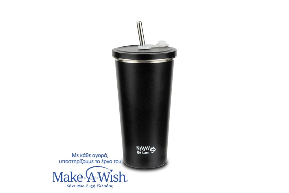 Θερμός ποτήρι με ανοξείδωτο καλαμάκι "We Care" μαύρο 520ml