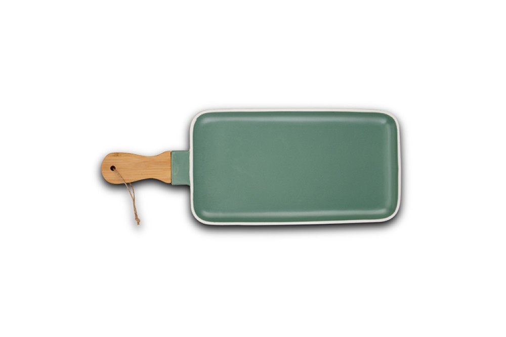 Πιατέλα "Terrestrial" πορσελάνινη με χερούλι από ξύλο bamboo 47cm